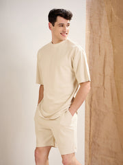 Men Beige Waffle Oversize T-Shirt With Shorts