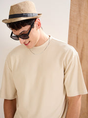 Men Beige Waffle Oversize T-Shirt With Shorts