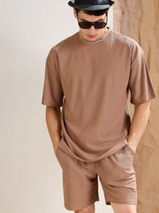 Men Brown Waffle Oversize T-Shirt With Shorts
