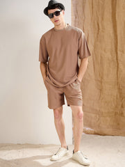 Men Brown Waffle Oversize T-Shirt With Shorts