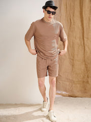 Men Brown Waffle Oversize T-Shirt With Shorts
