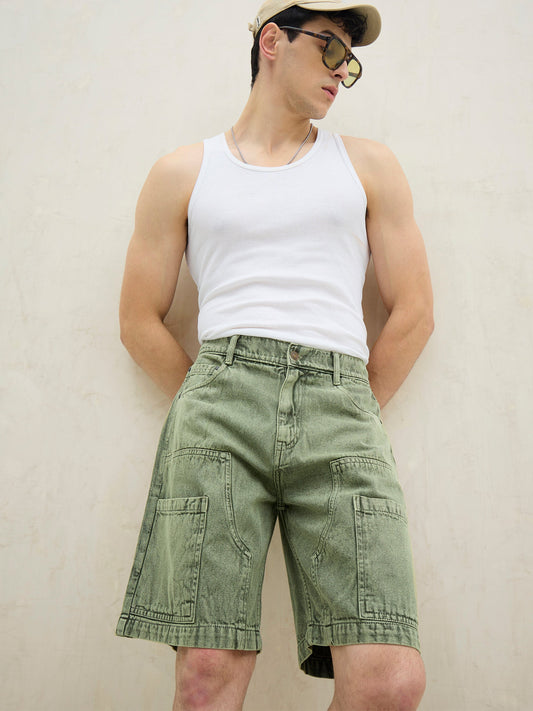 Men Light Green Denim Relax Fit Carpenter Shorts