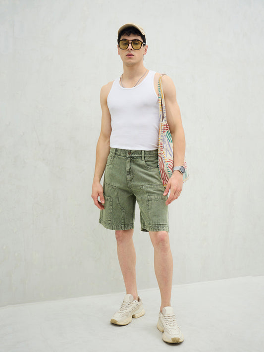 Men Light Green Denim Relax Fit Carpenter Shorts