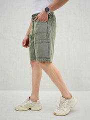 Men Light Green Denim Relax Fit Carpenter Shorts