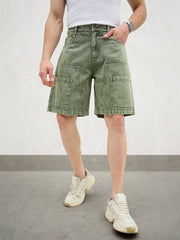 Men Light Green Denim Relax Fit Carpenter Shorts