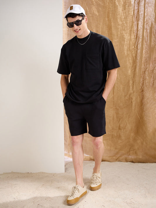 Men Black Waffle Relax Fit Shorts