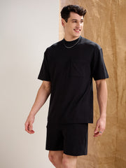 Men Black Waffle Relax Fit Shorts