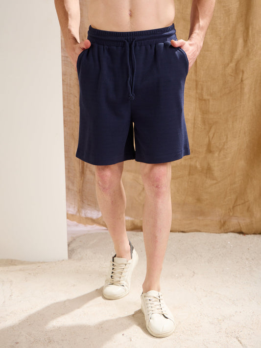 Men Navy Waffle Relax Fit Shorts