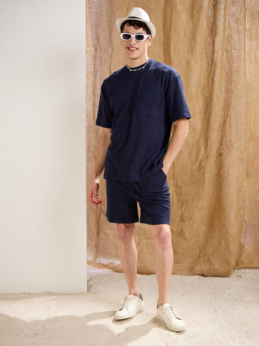 Men Navy Waffle Relax Fit Shorts