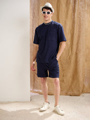 Men Navy Waffle Relax Fit Shorts