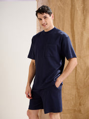 Men Navy Waffle Relax Fit Shorts
