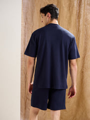 Men Navy Waffle Relax Fit Shorts