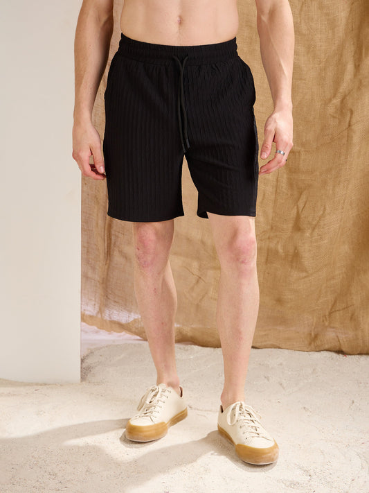 Men Black Textured Relax Fit Shorts