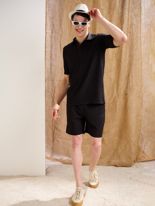 Men Black Textured Relax Fit Shorts