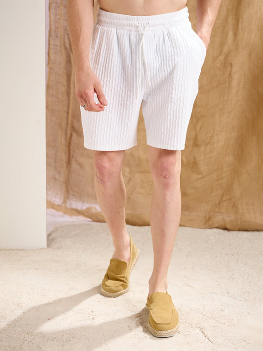Men White Textured Relax Fit Shorts