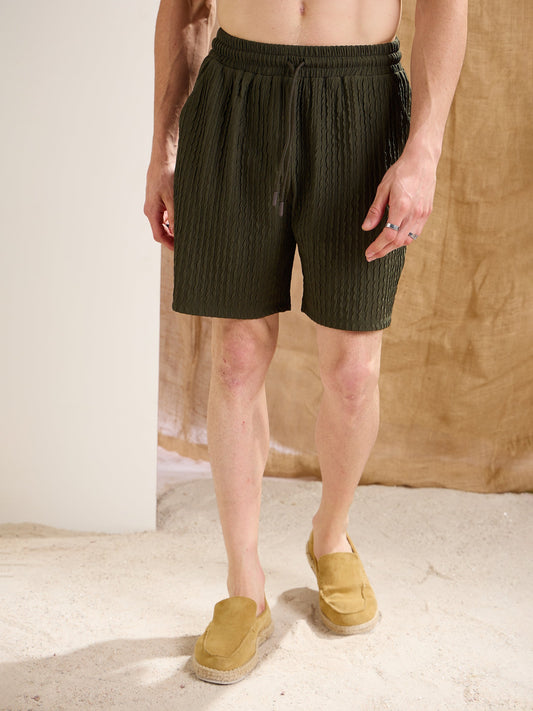 Men Olive Textured Relax Fit Shorts