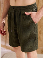 Men Olive Textured Relax Fit Shorts