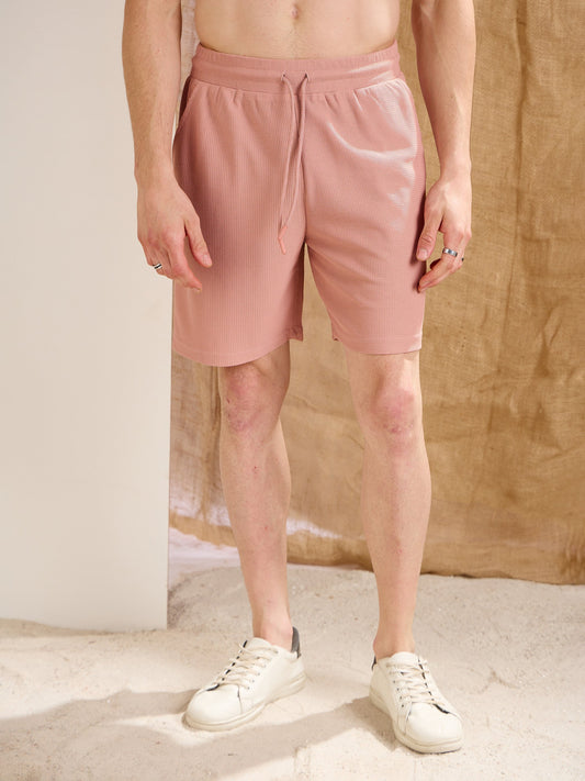 Men Pink Waffle Straight Fit Shorts