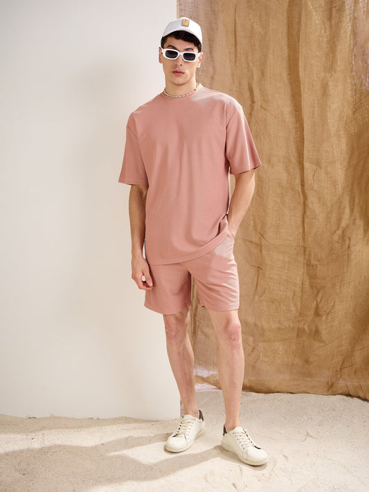 Men Pink Waffle Straight Fit Shorts