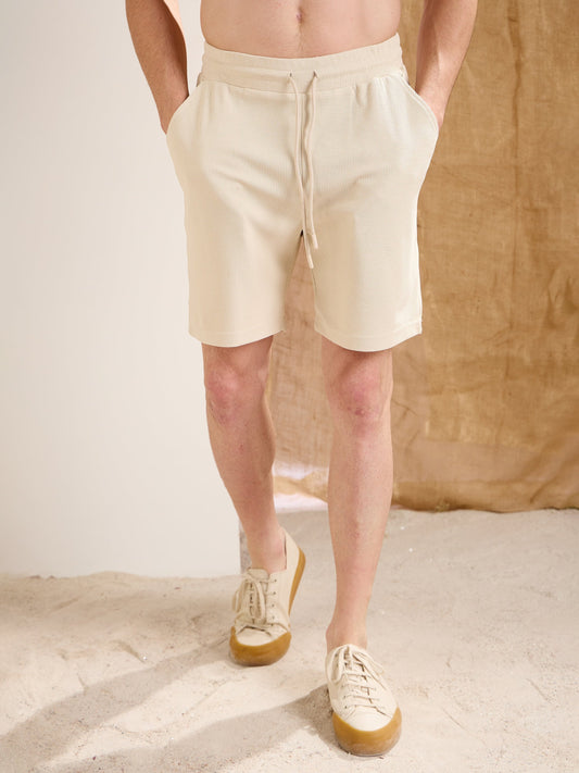 Men Beige Waffle Straight Fit Shorts