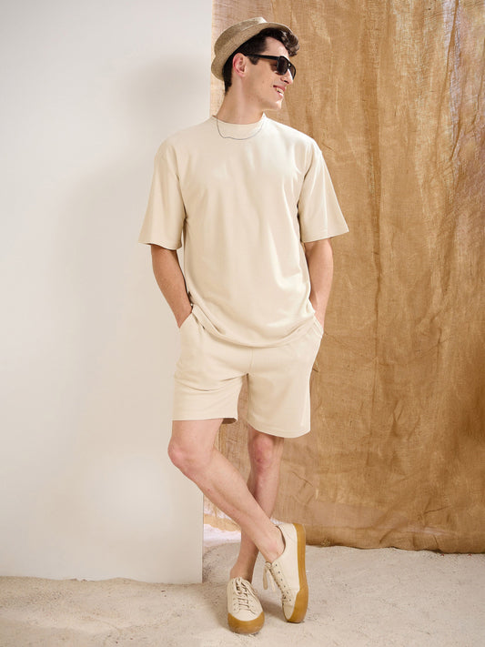 Men Beige Waffle Straight Fit Shorts
