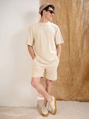 Men Beige Waffle Straight Fit Shorts
