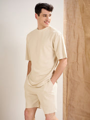 Men Beige Waffle Straight Fit Shorts