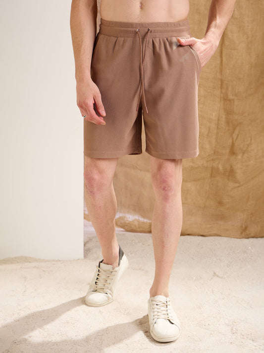 Men Brown Waffle Straight Fit Shorts