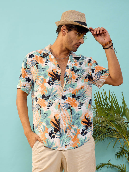 MASCLN SASSAFRAS - Unisex White Tropical Print Relax Fit Shirt