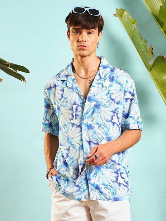 MASCLN SASSAFRAS - Men White & Blue Floral Rollup Sleeves Relax Fit Shirt