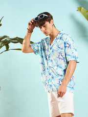 MASCLN SASSAFRAS - Men White & Blue Floral Rollup Sleeves Relax Fit Shirt