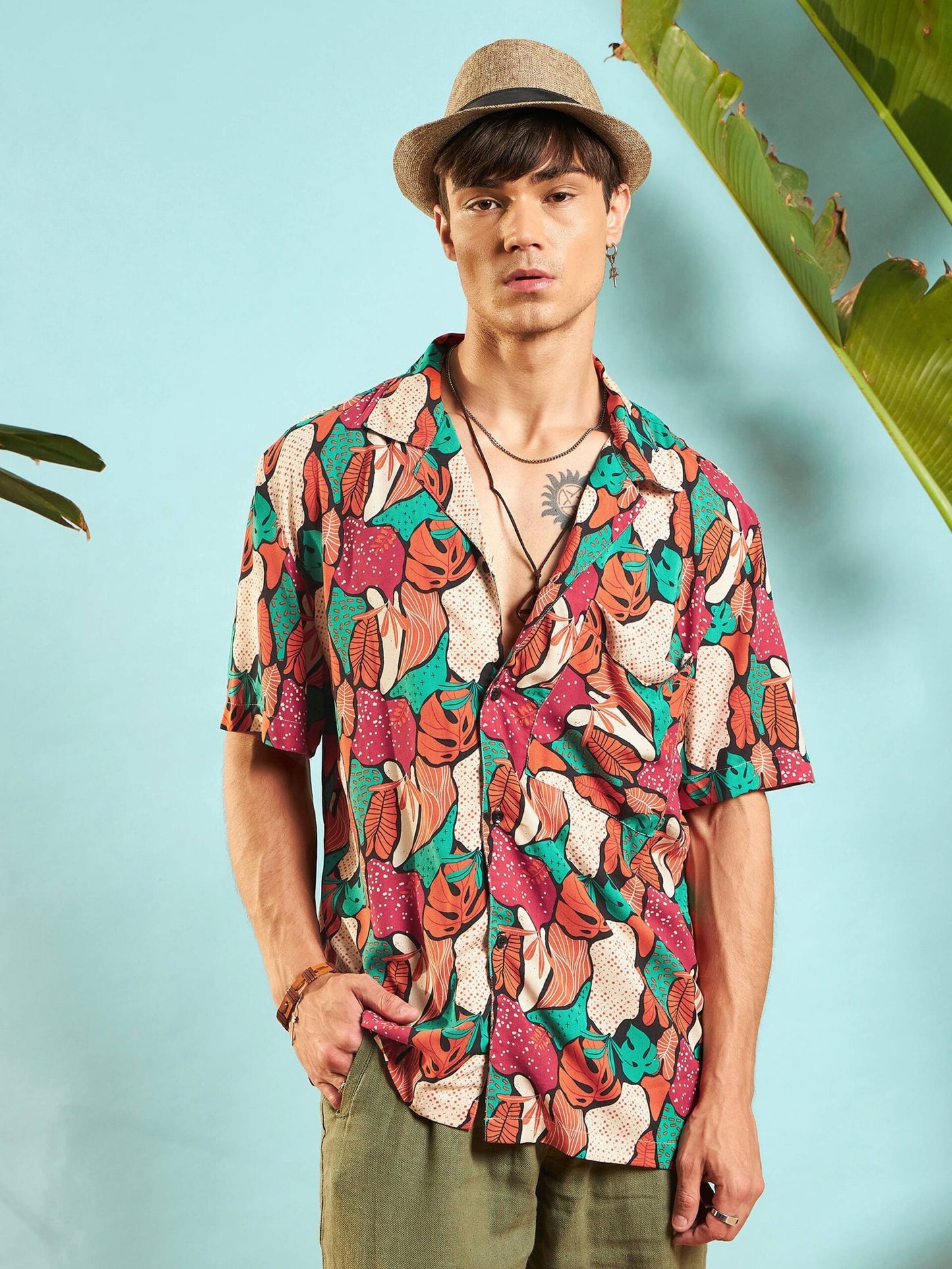 MASCLN SASSAFRAS - Men Orange Multi Colour Tropical Print Relax Fit Shirt