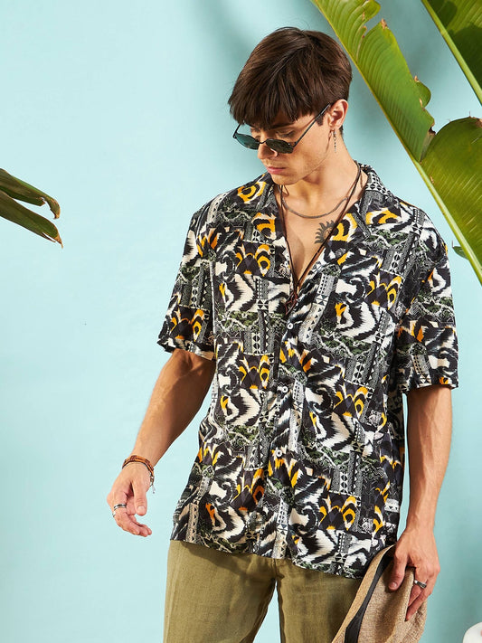 MASCLN SASSAFRAS - Men Grey & Black Conversational Print Relax Fit Shirt