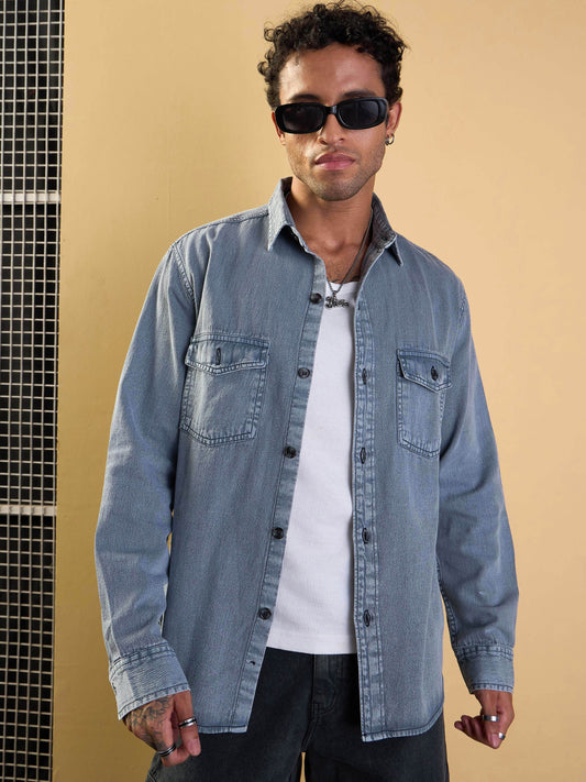 Men Light Grey Tencel Washed Relax Fit Shirt