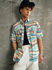 Men Blue Abstract Print Short Sleeve Relax Fit Shirt