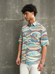 Men Blue Abstract Print Short Sleeve Relax Fit Shirt