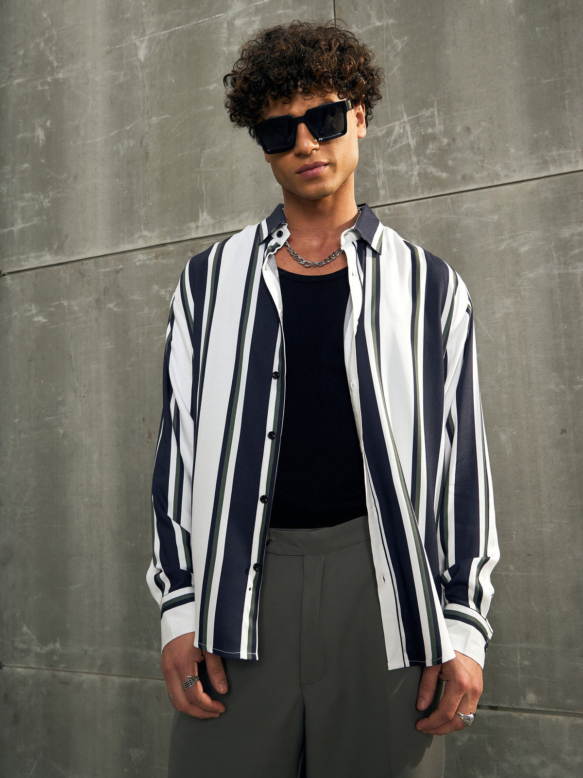 Men White & Navy Blue Stripes Relax Fit Shirt