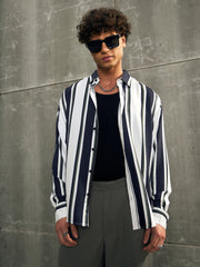 Men White & Navy Blue Stripes Relax Fit Shirt