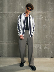 Men White & Navy Blue Stripes Relax Fit Shirt