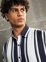 Men White & Navy Blue Stripes Relax Fit Shirt