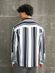 Men White & Navy Blue Stripes Relax Fit Shirt