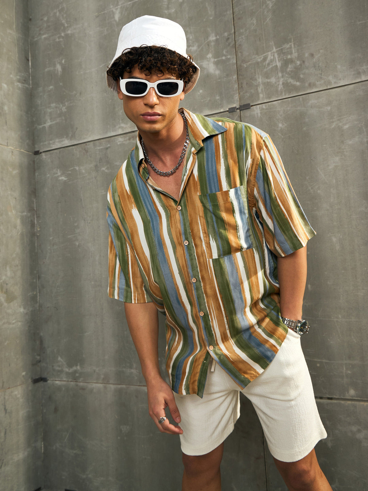Men Brown & Green Stripe Paint Relax Fit Shirt
