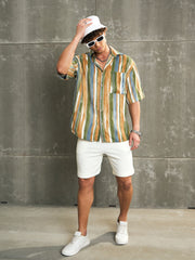 Men Brown & Green Stripe Paint Relax Fit Shirt