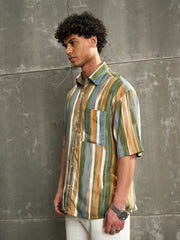 Men Brown & Green Stripe Paint Relax Fit Shirt