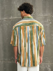 Men Brown & Green Stripe Paint Relax Fit Shirt