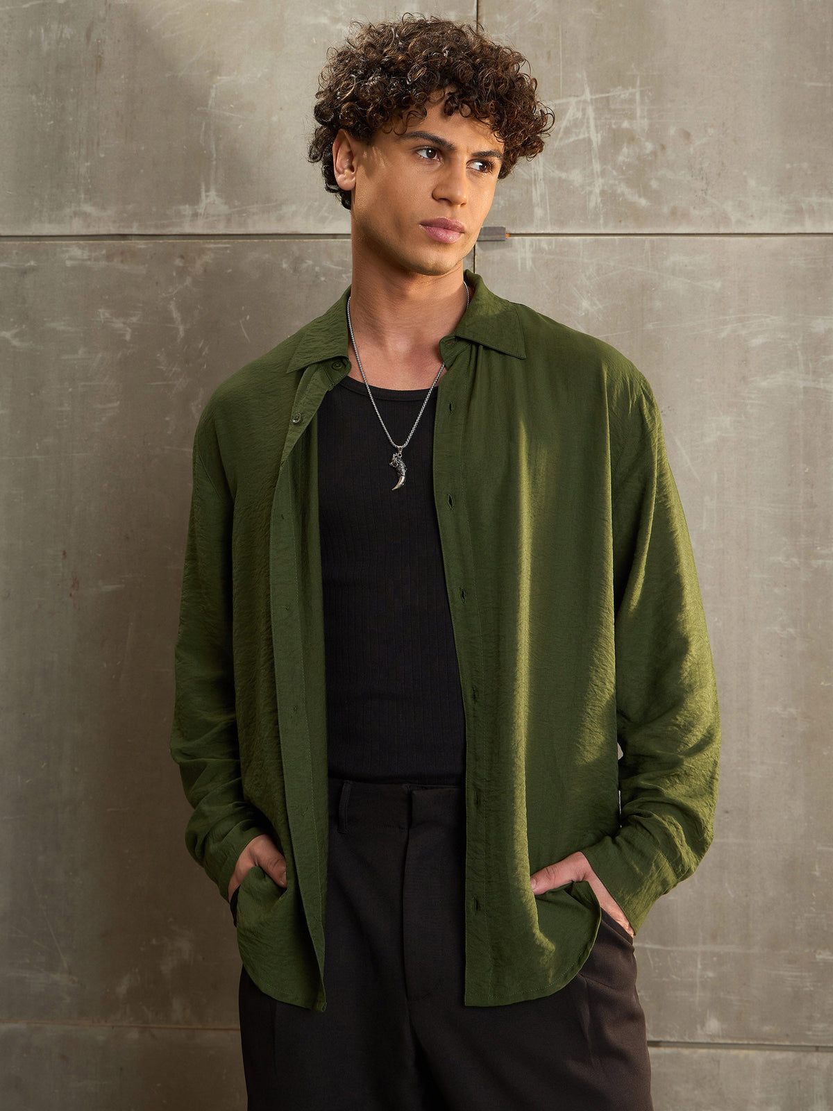 Men Olive Relax Fit Full Sleeve Shirt
