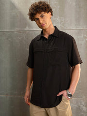 Men Black Facing Detail Relax Fit Shirt
