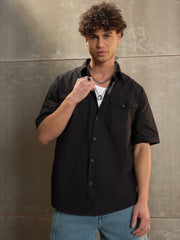 Men Black Poplin Front Pocket Relax Fit Shirt
