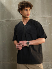 Men Black Poplin Front Zipper Relax Fit Shirt