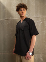Men Black Poplin Front Zipper Relax Fit Shirt